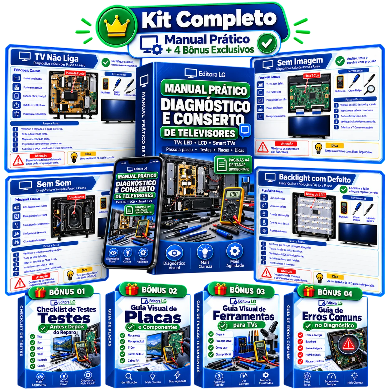 Mockup do Kit Completo de Diagnóstico de Televisores